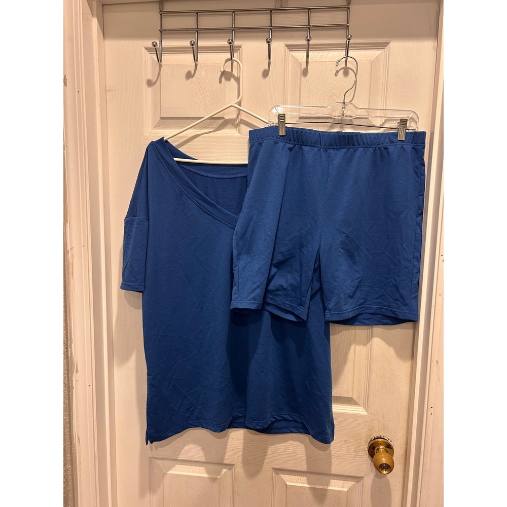 Ekouaer Womens Royal Blue V-Neck T-Shirt Shorts Set XL Loungewear Comfy Cozy
